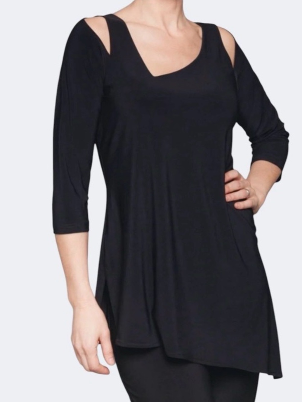 Sympli Nu Focus Tunic Asymmetrical Black Slinky Top Black Cut Out
